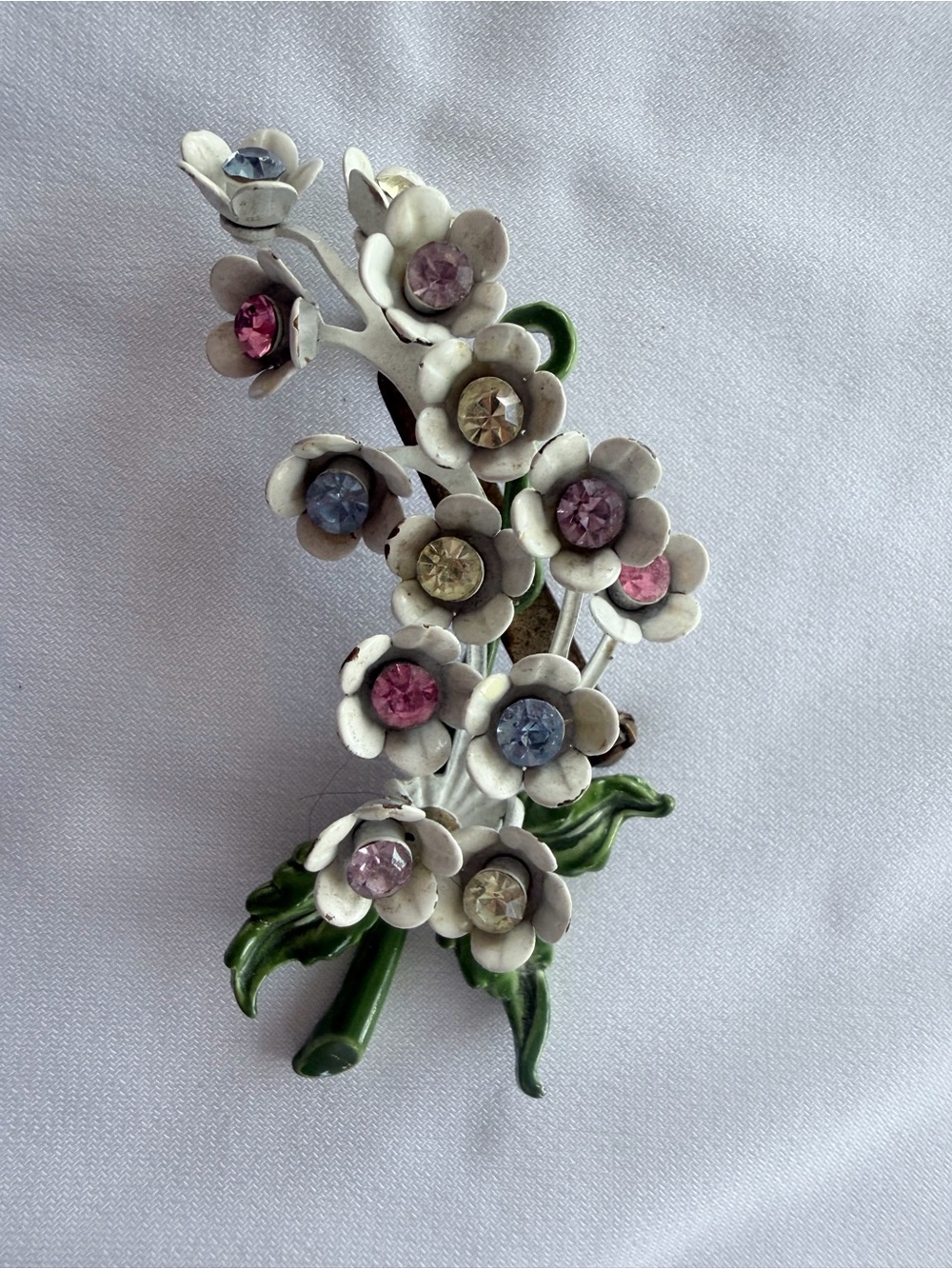 Vintage White Enamel Flower Brooch with Pastel Rhinestones